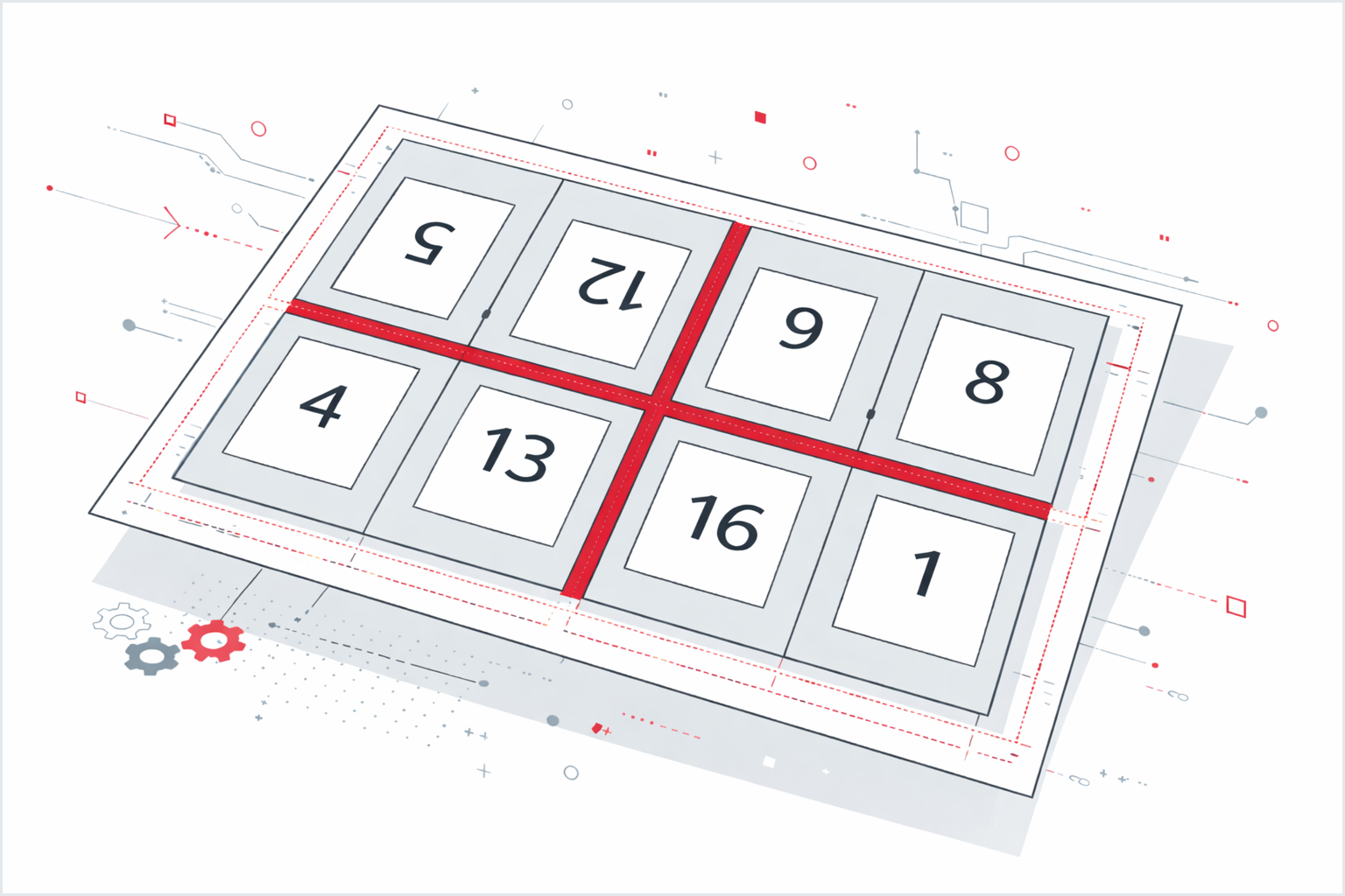 Das Bild zeigt einen stilisierten Druckbogen nach dem Ausschießen in der Druckvorstufe. In dem Beitrag geht es um das regelbasierte Ausschießen. Damit wird die automatisierte Bogenmontage ermöglicht, ein entscheidender Schritt in der Automatisierung in Druckereien.